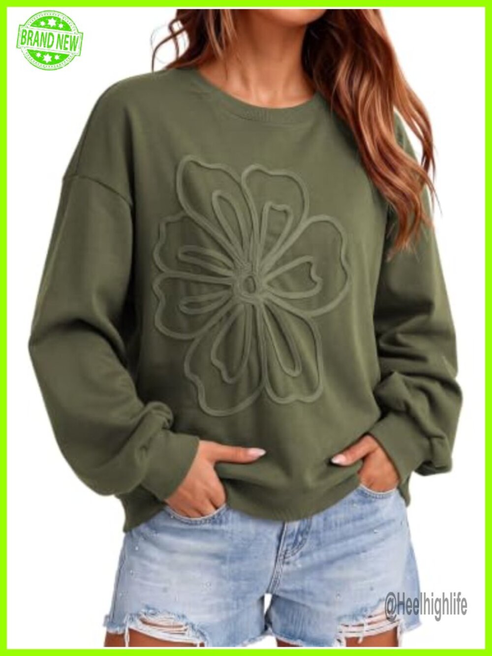 Oversized Lightweight Cotton Blend Sweatshirt Embroidered Floral Pullover